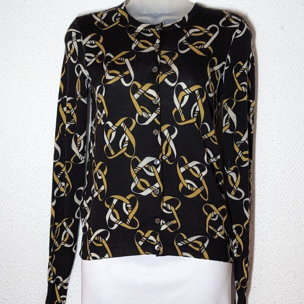 Taylor 100% Merino Wool Cardigan Women Size XS Black Chain Print Design Cardigan